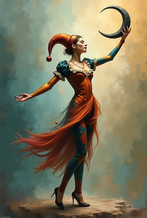 You could make a female harlequin juggling a crescent that looks like an abstract figurative painting.