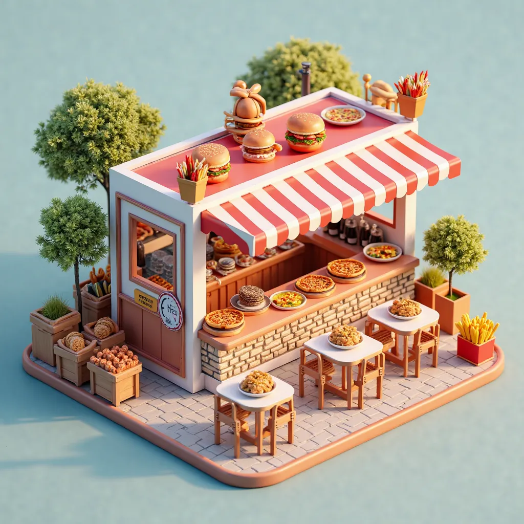 Iconic, 3d Booth, Pizza, Burger, Hotdog, French Fries, Isometric, Realistis, Render, VRay, High Detail, Modern, Minimalis, Container Booth, Unique style, Outdoor Seating Area, 4K, 8K, Architecture, SketchUp, 3DMax, Concept, Colorfull