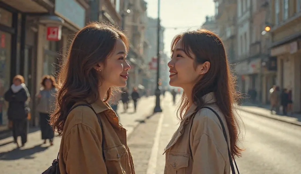 19years old , 2 girl talk , in Street , Simple background, 360 View, 