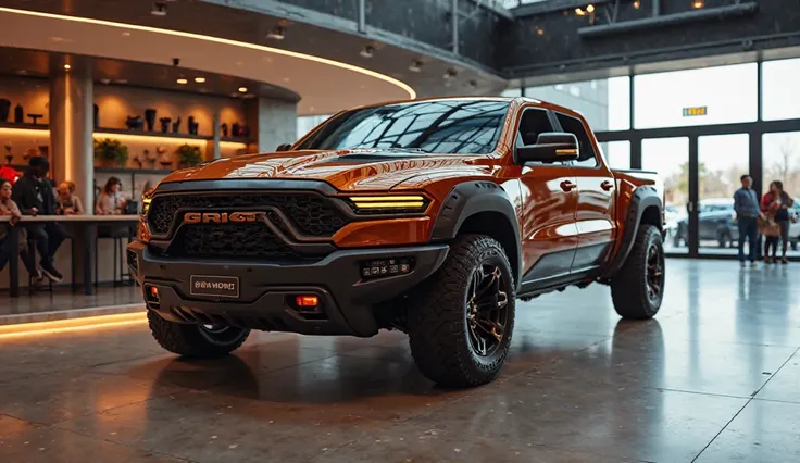 A captivating image of a (2025 ram rebel) taking center stage in a luxurious , showroom. The futuristic, vibrant (brown )exterior gleams, showcasing its sleek, aerody namic design and bold accents. The (straight frant)  highlights the cutting-edge innovati...