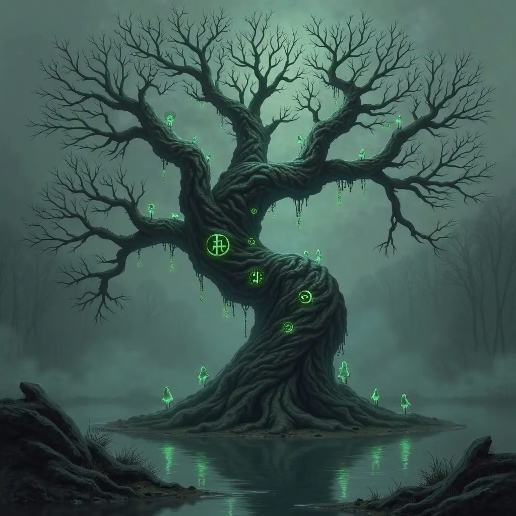 Tree of Secrets, a dead tree in a swamp land with glowing runes on its trunk