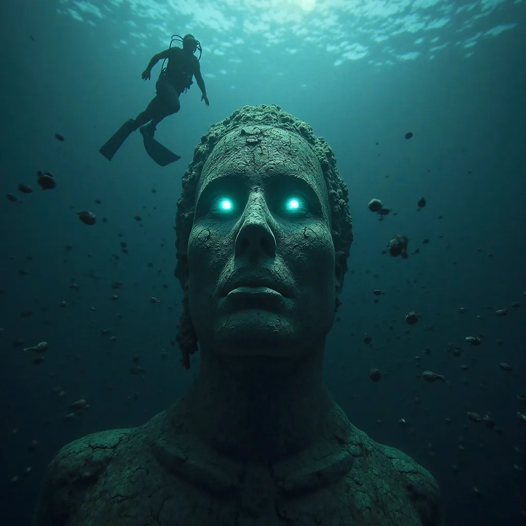 A wide shot captures the deep-sea diver positioned above the ancient stone statue, turning quickly as they begin to swim upward into the shadows. Below, the statue remains motionless—or does it? Its glowing eyes dim slightly, and the water around it grows ...