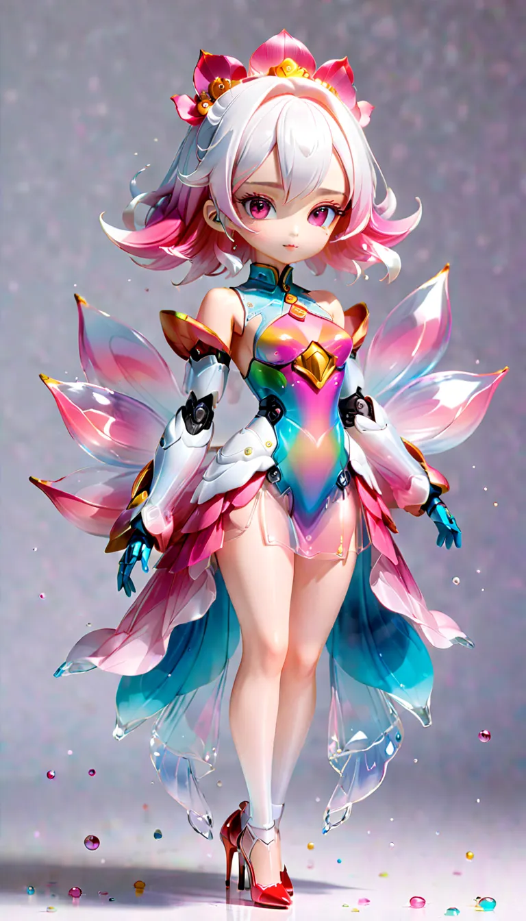 (Blind Box Spielzeug Stil:1.2),full body, solo,white background,(A female robot in a transparent White and pink gradients Lotus dress, wearing gloves and high heels),(Chinese color,Very colorful), 3D