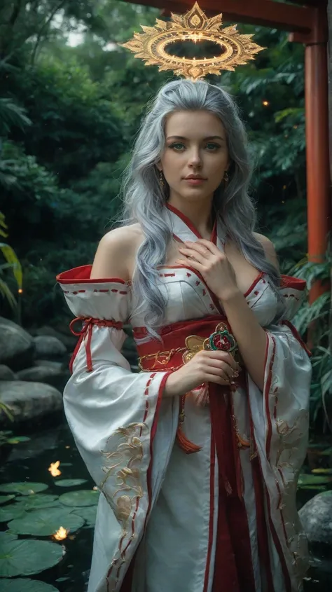 A hyper-realistic, ultra-detailed depiction of a radiant young woman with long, silky silver hair that shimmers like sunlight on water, and vibrant, glowing emerald-green eyes filled with warmth and kindness. She has a gentle yet powerful expression, exudi...