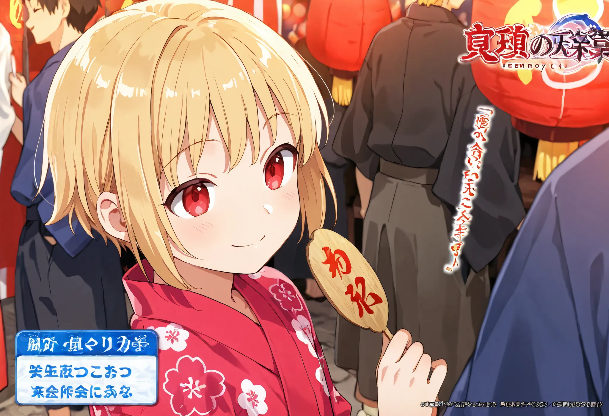 1boy, femboy, short hair, sidelocks, blonde hair, red eyes, japanese festival, smiling, promotional image