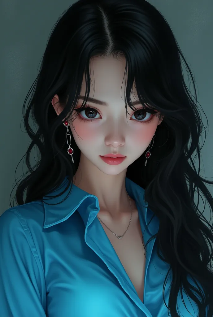 It's a woman's black hair,  black eyes, black lenses, Chores Azul anime coffee blouse