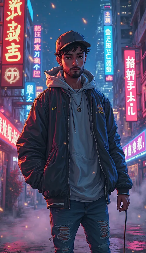 "A hyper-realistic, ultra-detailed anime-style cinematic poster for a rap song, featuring a 22-year-old anime boy with a well-groomed beard. His sharp, intense gaze and charismatic smirk reflect his confidence and passion for hip-hop. His hair is stylishly...