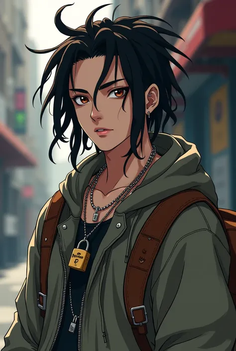 Boy with dreadlocks, Anime Style, Brown Leather, Padlock look, some piercings , several necklaces, and loose-fitting sweatshirt