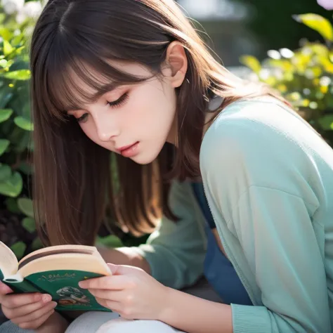 masterpiece, top quality , ultra detail), Portrait of an 18-year-old woman with light brown hair, Green round eyes, blue shorts ( Technical Background ) and reading a brown book - Auto Ultra Realistic