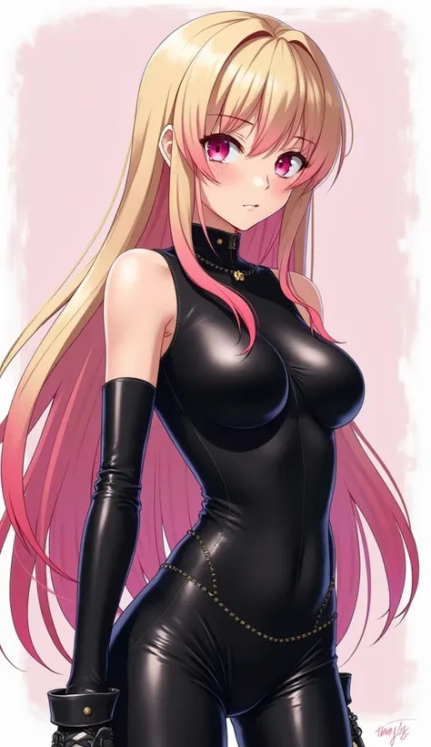 Japanese anime adolescent woman with light blonde long straight hair on the upper part and changing to a shade of pink at the tips and intense magenta eyes and wears a tight black leather top with thick bare straps and shiny tight black leather pants and s...