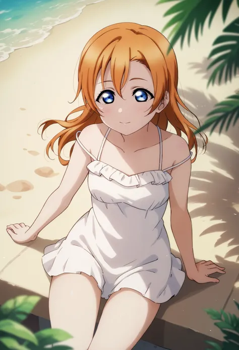 anime style, love live,kousaka honoka , love live, blue eyes, orange hair , white short dress (light, flowy fabric), thin spaghetti straps, exposed shoulders, slightly flared hem, soft summer fabric, exposed thighs ,playful pose, beachside setting, feminin...