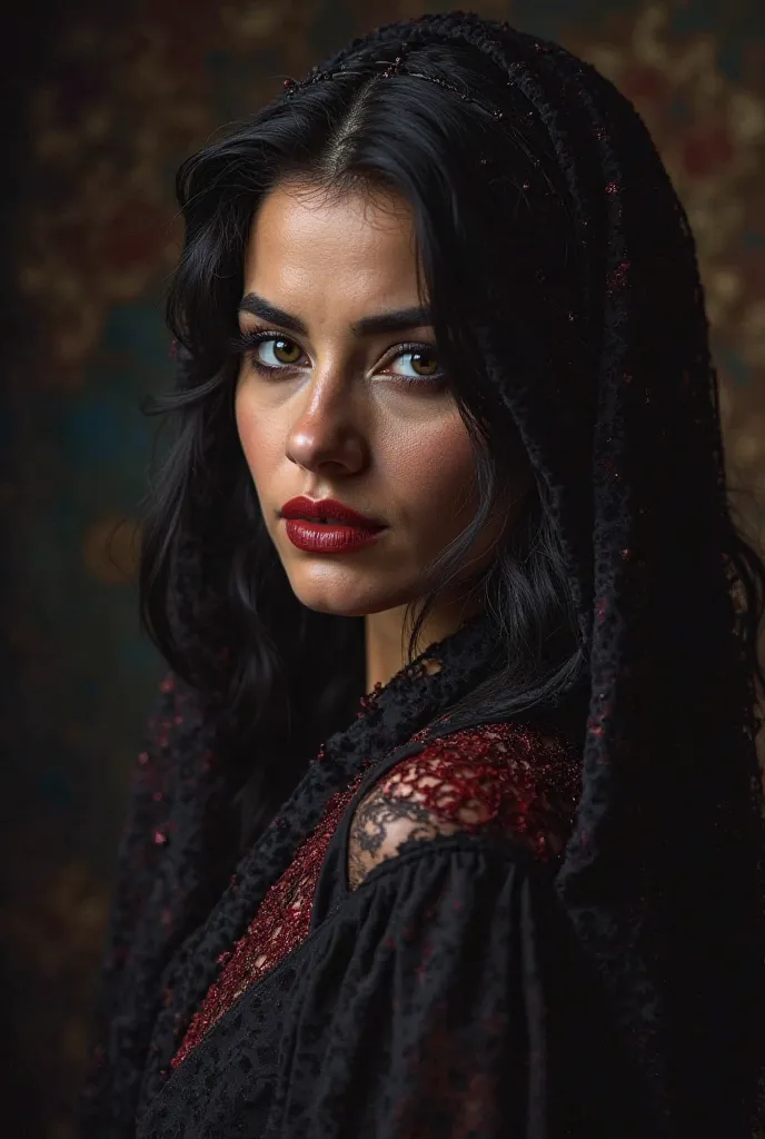 The cover of a book about vampires, twists and disagreements., with a dark style focusing primarily on the hybrid vampire who seeks revenge against her own father, She is rich Arab and very beautiful with a dark style and a lot of money 