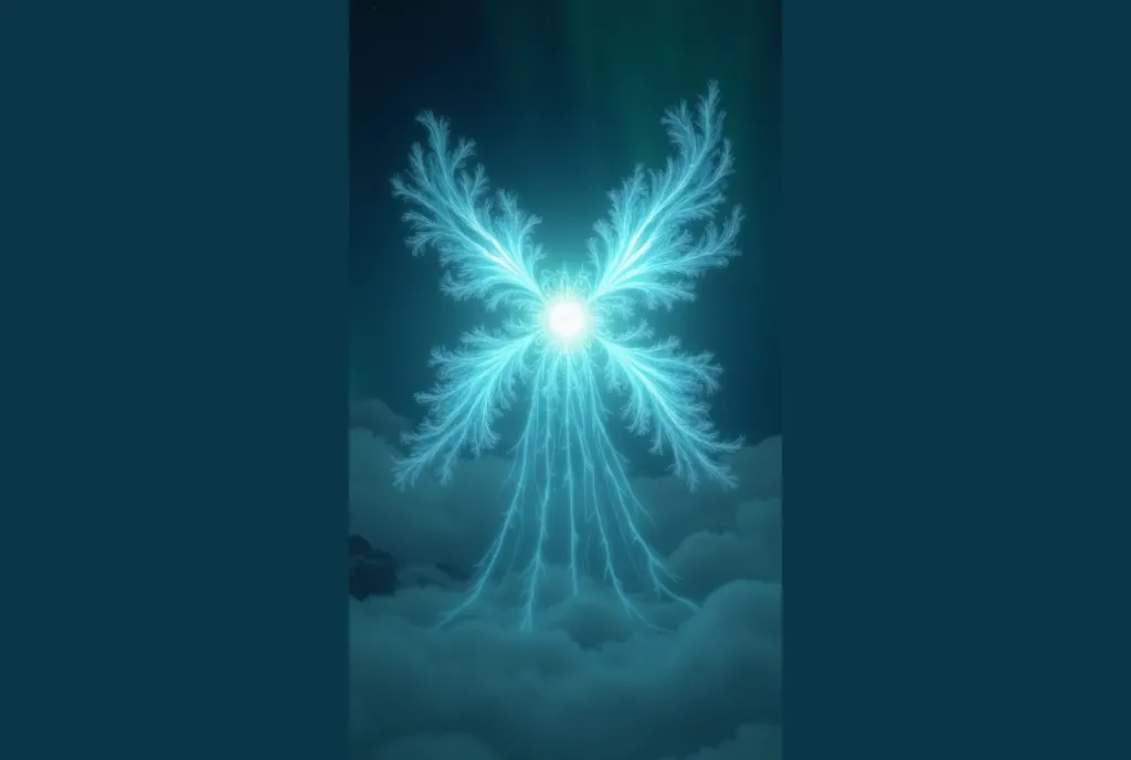 A highly detailed yet fluid depiction of a celestial entity, viewed head-on, where the entire form of the entity is created from the merging and shifting lights of multiple auroras borealis. The aurora borealis itself shapes the figure of the entity, but i...