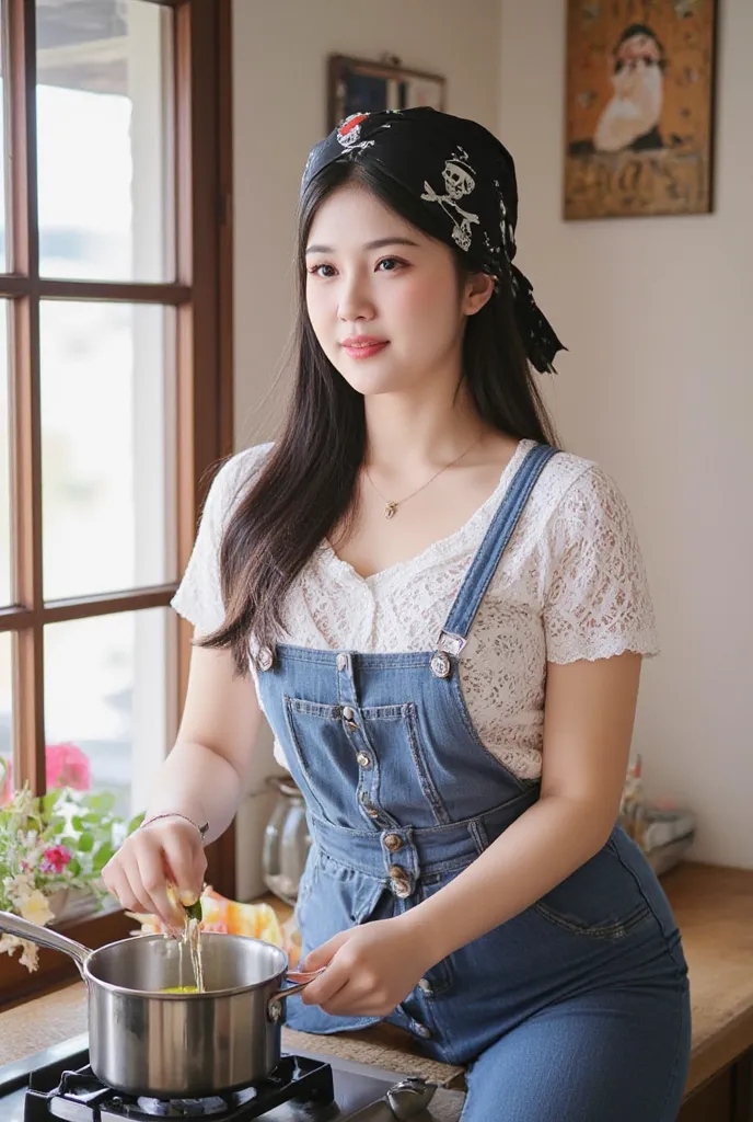 a beautiful Korean girl, a little fat, smiling a little. long black hair with black cloth decoration wrapped around her head with a pirate skull symbol, wearing a white patterned shirt and wearing a blue jeans jumpsuit. standing cooking in a simple kitchen...