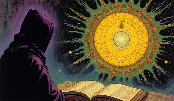 psychedelic cosmic, oniric, fluid, ethereal,alex gray, Robert crumb, Hiroshi Nagai, paul laffoley, Magnificent, mystical,,
 psychedelic illustration,  alchemy (colors: purple, yellow, blue, green, orange, black)

A hooded figure is depicted in a dimly lit ...