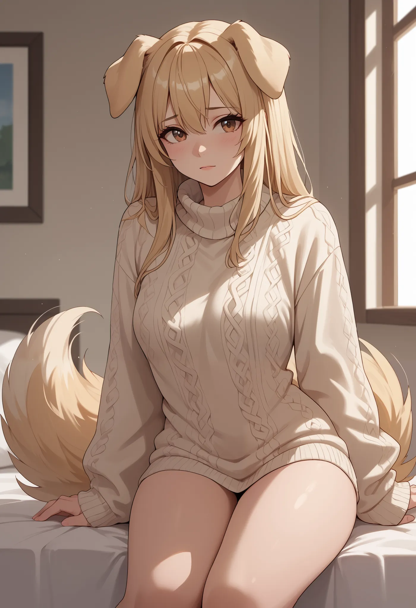 (Masterpiece) (High Detail) (High Res) A short curvy slim Humanoid canine female with pale human skin and brown eyes and long blonde straight hair and fluffy blonde floppy doggy canine ears and a long fluffy blonde doggy canine tail and medium breasts. She...