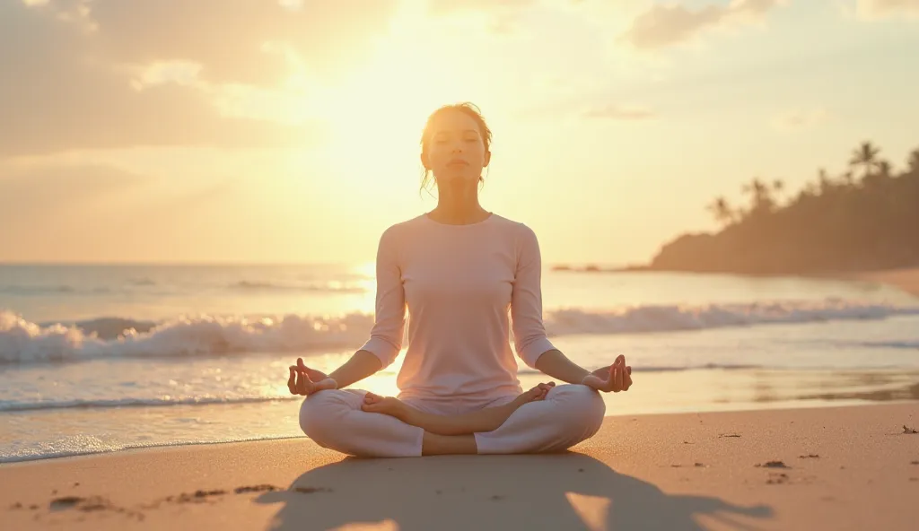 Clothed person meditating on a beach at dawn**, transmitting peace and connection