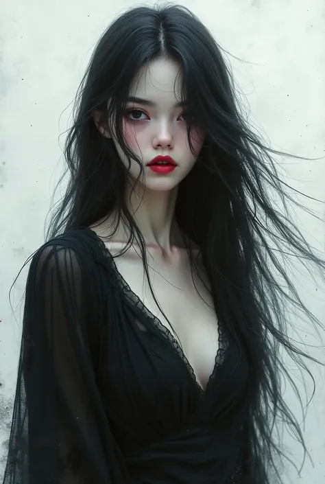 A age girl with long black hair,  black eyes,  snow-pale skin , red lips.
Dressed in black on a white background, Impressionist art