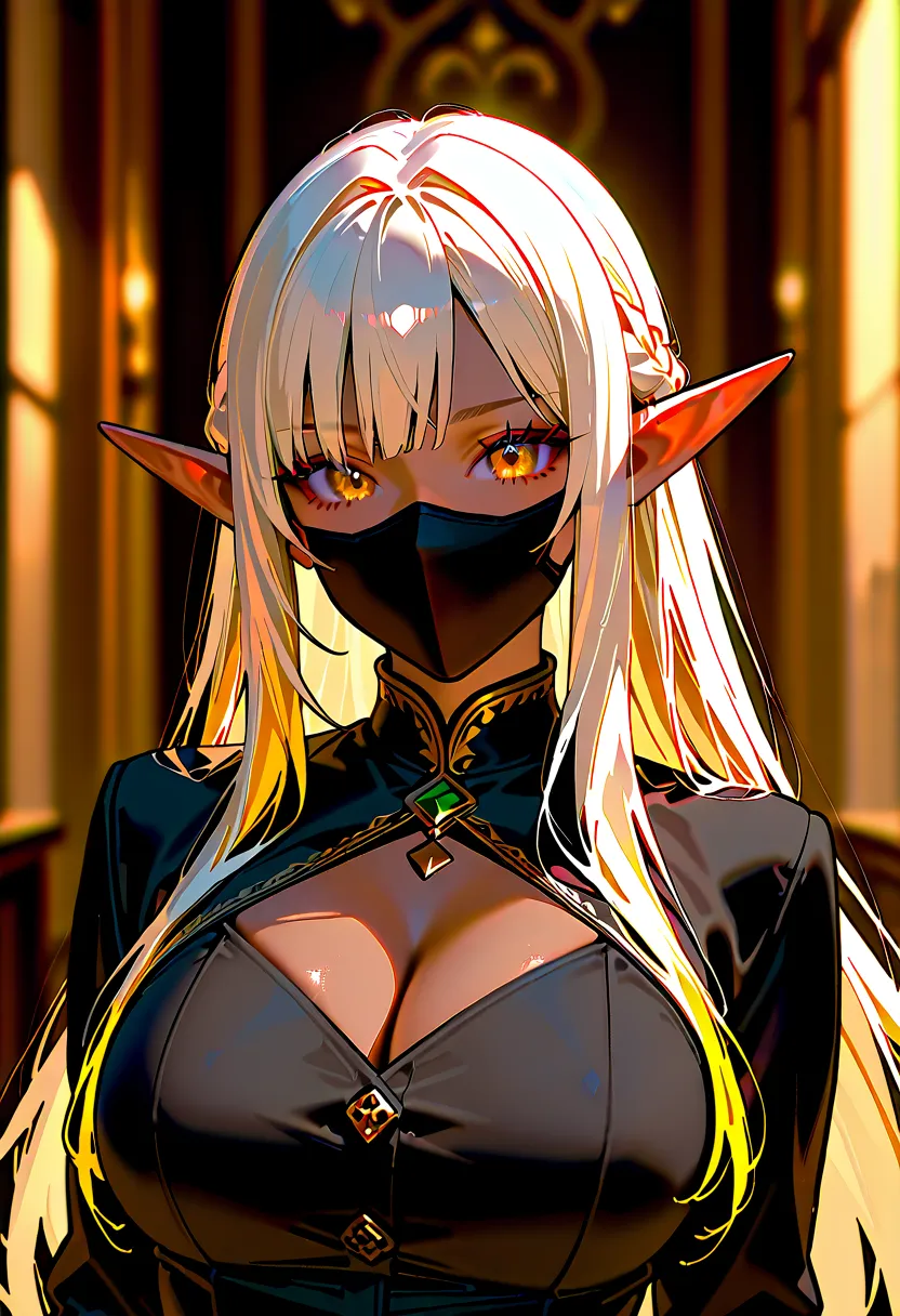 1 woman, white hair with golden highlights, golden eyes, an elf, tanned skin, beautiful face, wearing a black mask, dressed in a formal black outfit.