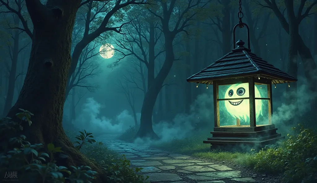 Japanese traditional style monster picture，The picture is a ghost lantern monster。It has the form of an old wooden lantern，, but inside the lantern emerges a strange blue-green ghost and a smiling face。The background is a dark forest path surrounded by smo...