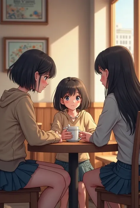 3 black haired girls sitting in the cafe and having some coffee. One is with short hair, another is with medium hair and the other is with long hair. They all have dark eyes and black eyebrows . They are talking and they are not Korean. The picture should ...