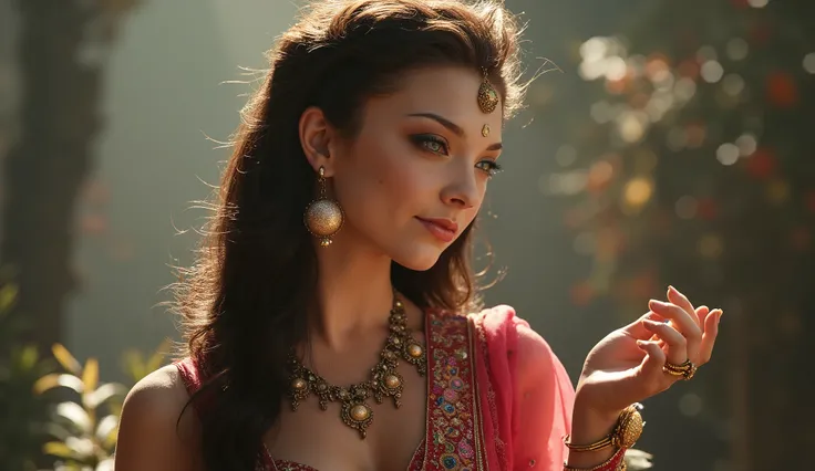 The cute beatiful breathtaking 21-year-old European woman in crop lehenga low waist, smiled, holding the magic wand, her beautiful fingers, HDR , RTX realistic