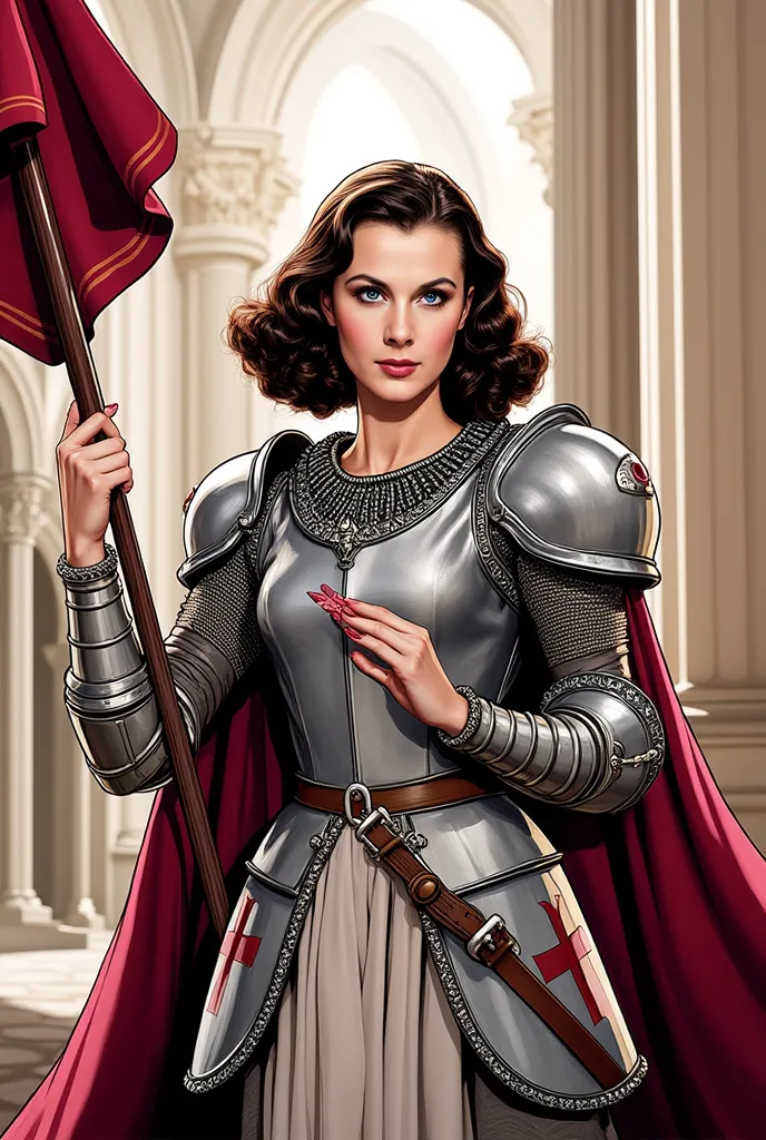 (masterpiece:1.2, Best Quality),8k, wallpaper,((Marvel Comic art, thick outline, flat color:1.3)),(Vivien Lee as Joan of Arc), view from front, ((full body, holding a banner, standing in the palace)), perfect eye,detailed face, holy expression ,