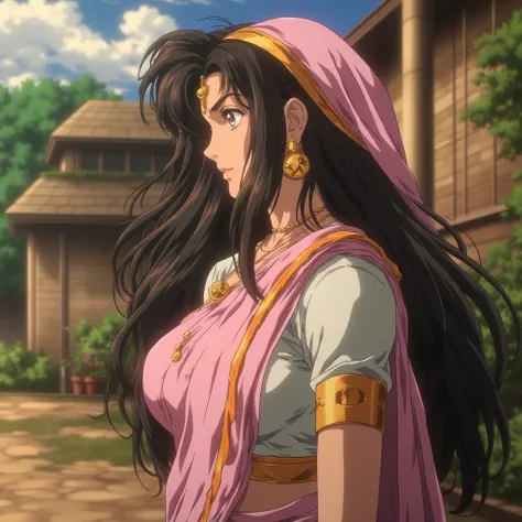 Side profile bust shot of a extremely beautiful and voluptous anime hindu girl with extremely long black hair and sweet brown eyes, with large chest and Wide hips, wearing a beautiful hindu light pink sari with white short sleeved shirt, and with a sari ve...