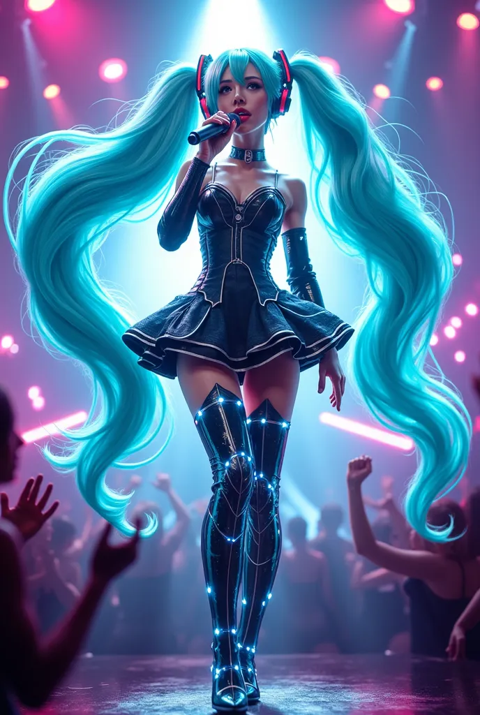 Create an illustrated promotional artwork for a karaoke event featuring Hatsune Miku in her iconic outfit. The drawing should showcase Hatsune Miku in a lively and cheerful pose, holding a microphone as if she’s singing, with a vibrant and energetic atmosp...