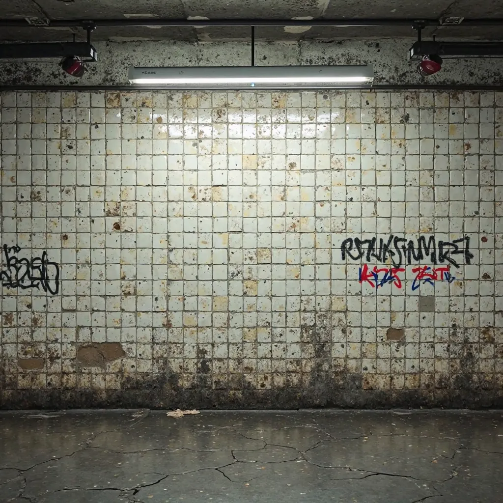 A gritty subway-station-inspired backdrop featuring old white ceramic tiles, some of which are cracked or missing, exposing the dark cement underneath. Water stains and dirt residue create an authentic underground metro vibe. Parts of the wall feature remn...