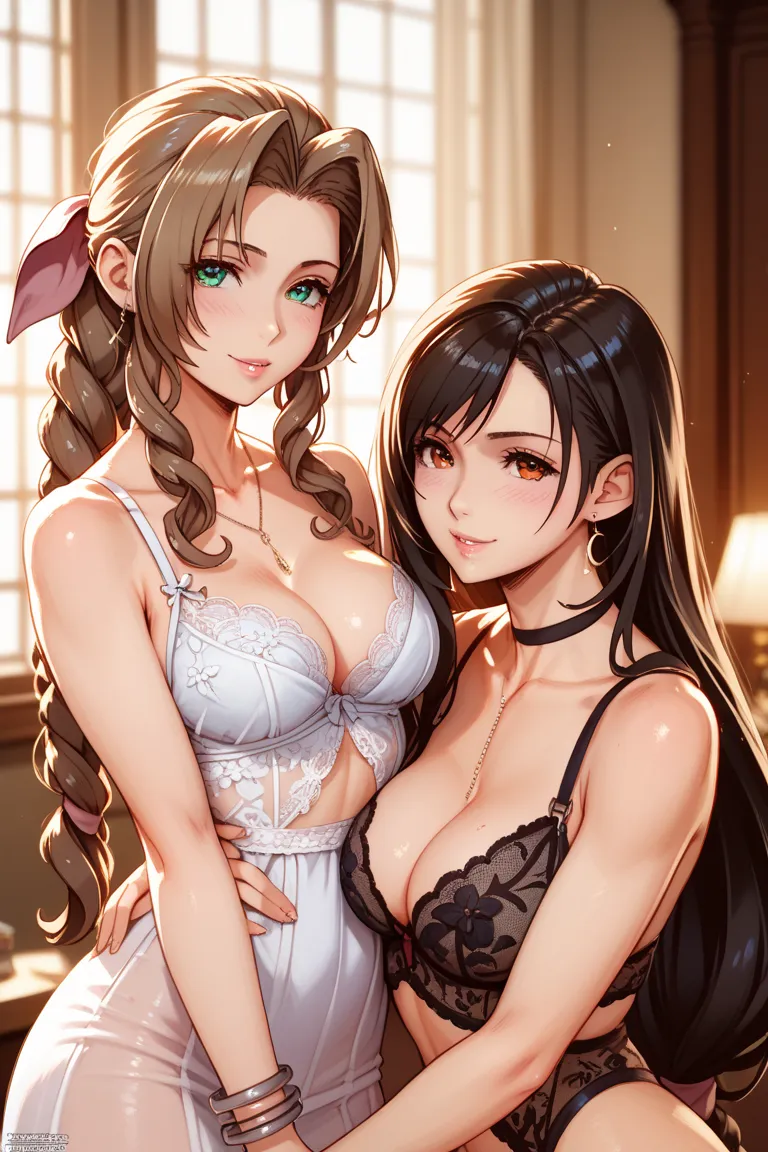 Tifa Lockhart, Aerith, Final Fantasy, sexy cute girl in sexy lingerie,  2 girls, 1 image, drawn with precision down to the smallest detail, high quality, Photographer-like Style, dramatic lighting, A sense of reality that seems to be sucked in, Smooth skin...