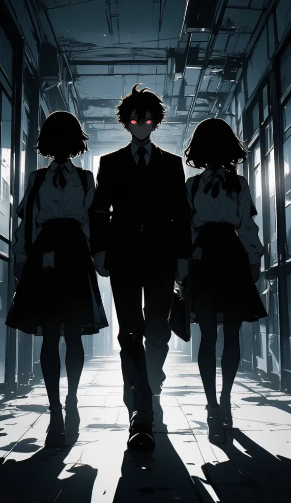 on a school corridor, 3 silhouettes walking together, in the middle is a boy, striking red eyes, and girls on left and right, faceless girls, only boy's red eyes are seen, school uniform, shadow, silhouette, anime art, An animated cartoon image in the styl...