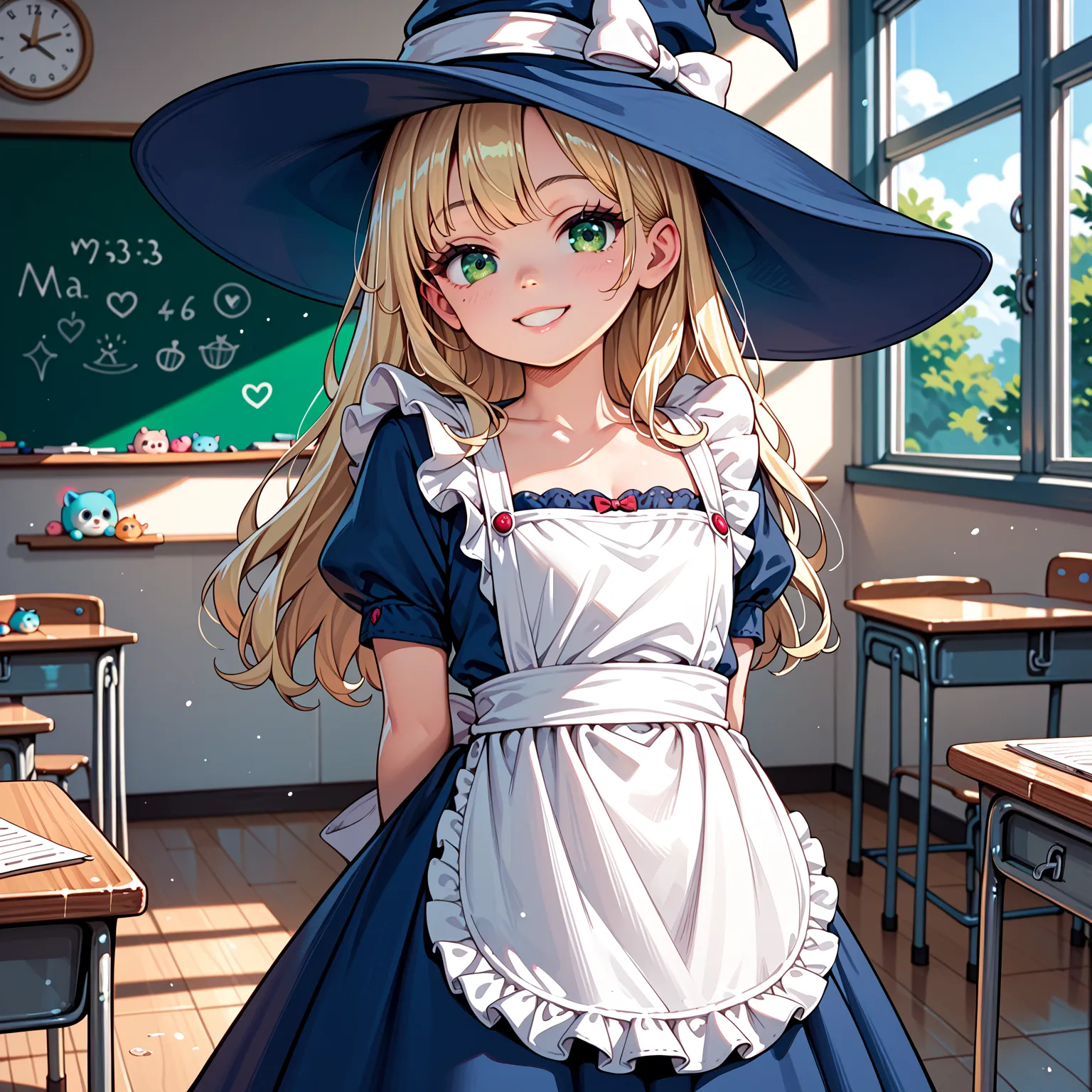 closeup shot,toddler,round face,evil smiling,girl:1,Shining Green Eyes,beautiful skin,dark blue witch hat with white ribbon, wearing an apron,long blonde hair,Hands Behind Back,Classroom at dusk