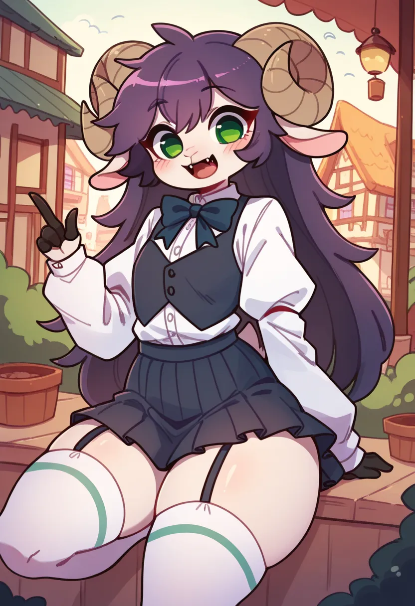  excited expression ,sheep horns, lamb tail  , Anthropomorphic half-drum, half-human,  Light skin  ,  purple hair,  purple long hair ,  Light skin ,  green eyes ,  costume extra long hair,(19 years old), flat chest,   thick thighs,   thick, One, fangs, vil...