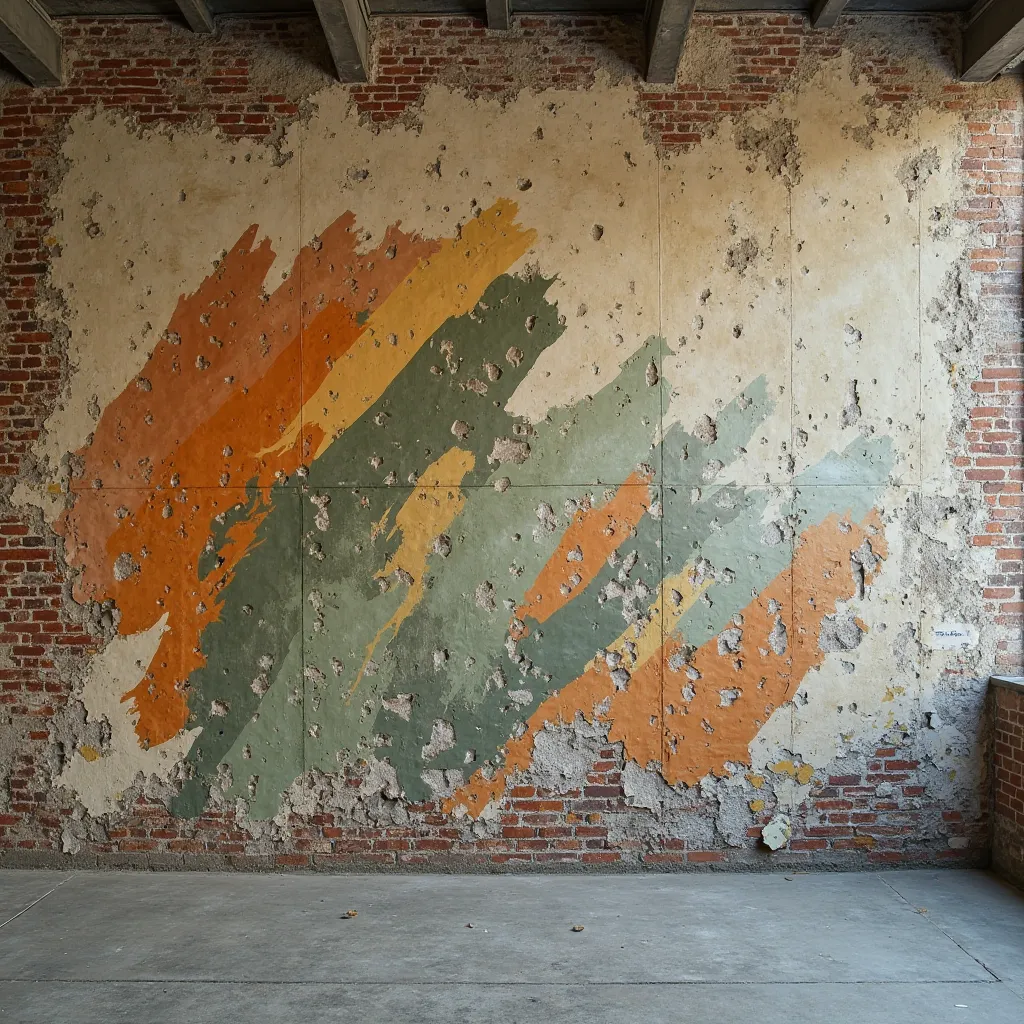 A large, old industrial wall with a partially faded mural, featuring abstract graffiti strokes in earthy tones like ochre, deep green, and burnt sienna. The paint has chipped away in places, revealing the rugged, uneven brickwork beneath. The wall has laye...