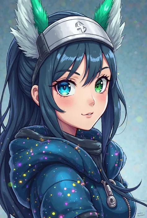 Create a character from My Hero Academy who is a woman with a headband that has, like things of the weather, a white film with green and blue tufts, the right eye blue and the left eye green with clothes that look like a galaxy. 