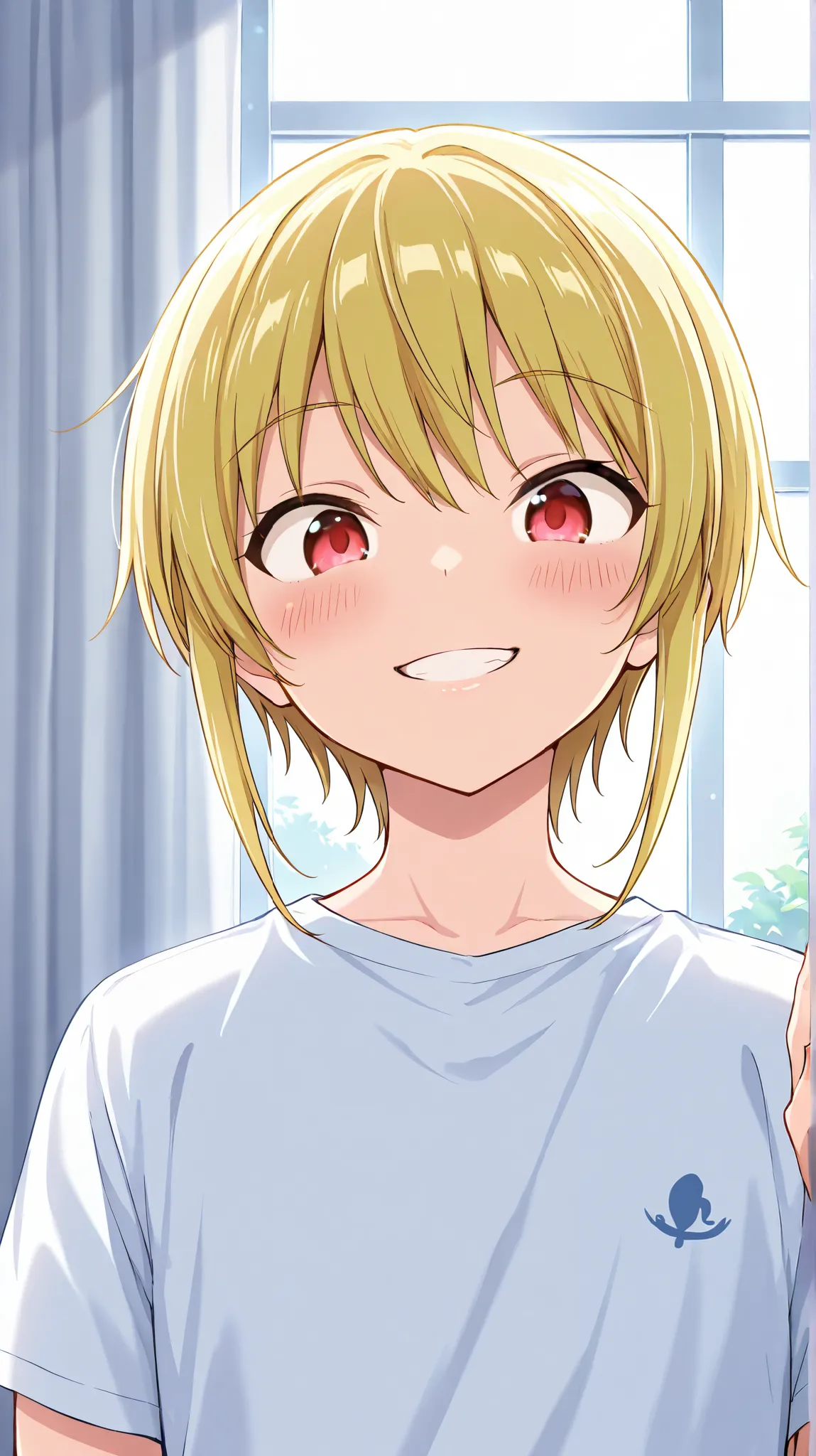 best_quality, detailed_background, 1boy, femboy, short hair, sidelocks, blonde hair, red eyes, smiling, 