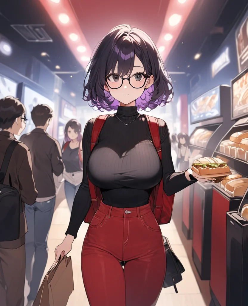 A 19 year old girl, short black hair and purple locks, black glasses and black eyes , high, hourglass bodies, thin waist, big breasts. Wearing a black turtleneck sweater , red jeans and a black cross backpack, walking around a movie theater holding some sa...