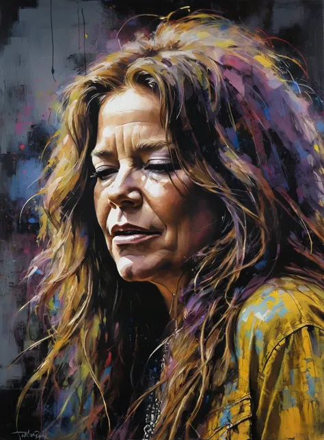 Portrait of Janis Joplin (magazine cover:1.4), by Guy Denning, The best quality, masterpiece, very aesthetic, perfect composition, Intricate Details, ultra-detailed, Concert Fund 