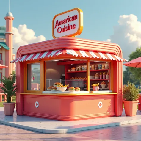 Iconic, 3d Booth, Pizza, Burger, Hotdog, French Fries, Realistis, Render, VRay, High Detail, Modern, Minimalis, Container Booth, Unique style, Outdoor Seating Area, 4K, 8K, Architecture, SketchUp, 3DMax, Concept, Colorfull