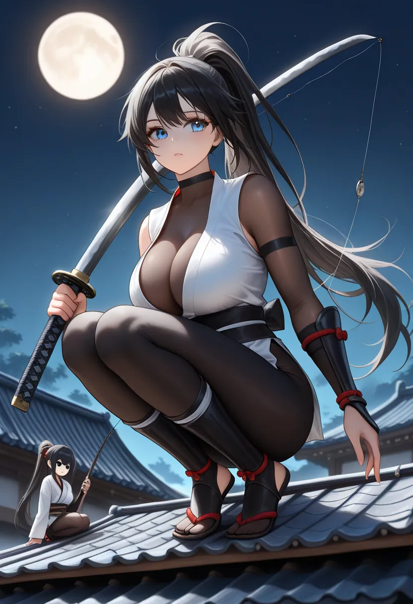 (masterpiece,  absurd quality,  highres, original, best quality, younger), (1 ,  perfect face, perfect anatomy), ((Black hair),  long hair,  side fringe, ponytail), (blue eyes,   perfect eyes ), giant breasts,  cleavage, ninja, shinobi, Use a , peitos e bo...