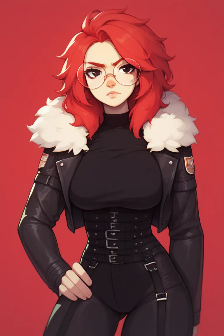 Women, with long red hair, shoulder-length hair, Straps on the forehead,  black eyes and round glasses , wearing a black jacket with a black tie ,  a shirt and on top a black army suit,  he has his coat hanging from fur on his shoulders , looking at the sp...