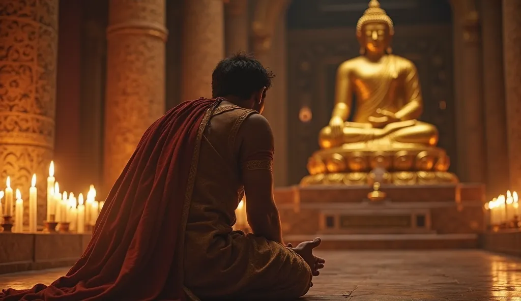 11.	A Greek Exile Kneeling at a Buddhist Shrine in Gandhara, Searching for Meaning in His New Land
Closed-up, hyper-realistic, vibrant, 4K HD. His hands press together in prayer, the golden Buddha before him strangely familiar yet foreign, his past and fut...