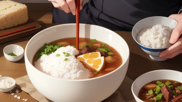 1 girl is eating, a porcelain bowl with a blue pattern、hot々A large serving of white rice、serve beef, ginger, and onions boiled in soy sauce in a tight bowl、miso soup in a cheap wooden bowl、Disposable chopsticks、place incense on a small porcelain round plat...