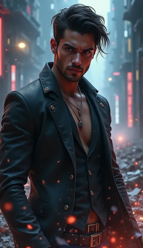 "A young, strikingly handsome man with a dark, rebellious edge stands amidst chaos—swirling shadows, shattered glass, and flickering red lights. His piercing, magnetic eyes glow with fierce determination, cutting through the turmoil. Tousled hair falls ove...