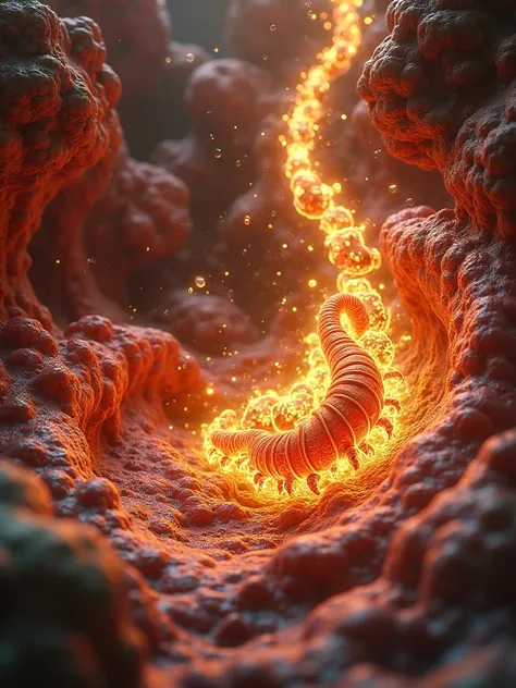 A dynamic and vivid battle scene set within the intricate environment of the human digestive system, focusing on the stomach as the main battleground. Radiant Nano Curcumin particles , glowing with a golden-yellow hue, move gracefully through the chaotic s...