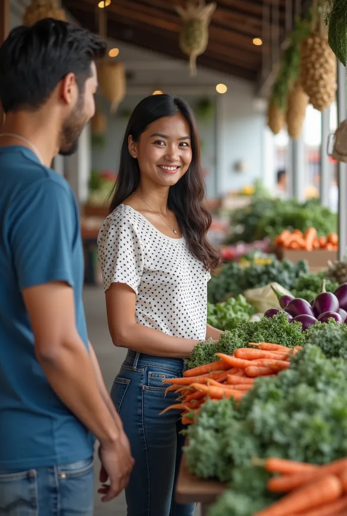 A beautiful white Indonesian clean woman,wearing a polka-dot t-shirt jeans and wearing flip-flops,was buying vegetables,and at the table there were vegetables,Kale, carrot ,eggplant,and in front there was a man wearing a blue t-shirt, smiling sweetly,real ...