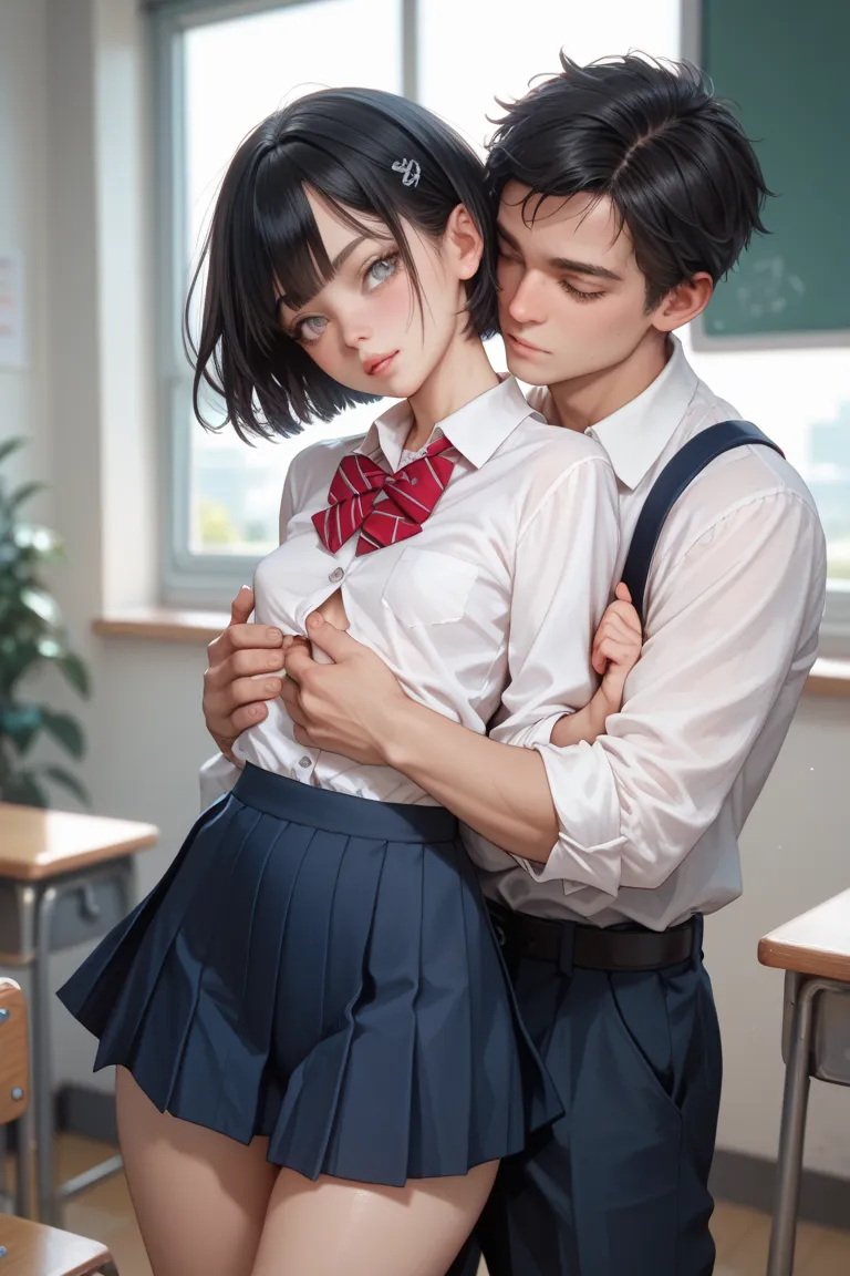  skinny girl ,  grey eyes, black hair, short hair, wide hips, very small breasts, school,  schoolgirl clothes, man hugs her from behind, unbuttons her skirt