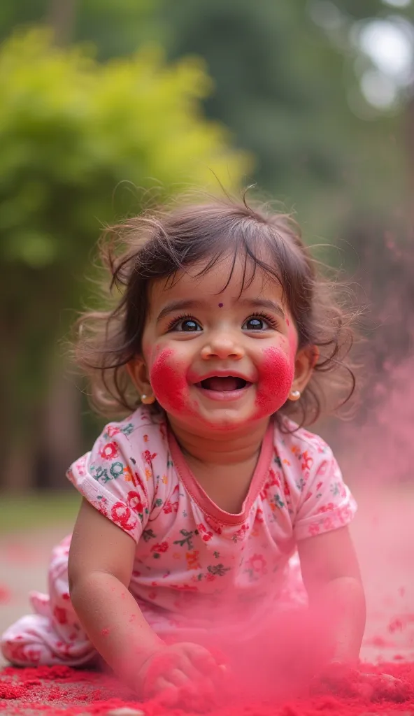 Cute baby applying gulal on her cheeks during Holi.real photo 