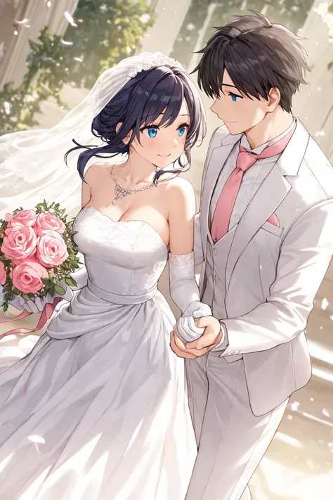 masterpiece, 1 girl, 1 boy,  dress, Duo, wedding  dress, tie, couple, smile, Strapless  dress, Love,   pants, Strapless, Veil, flower, long hair, holding,  jewelry, gloves,  shirt, necklaces, bouquet, white   pants, holding bouquet, white  dress, blue eyes...